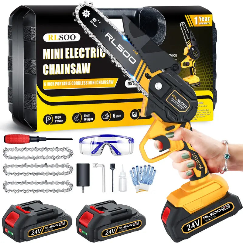Pro Smart Mini Chainsaw 6 Inch Cordless Electric, Portable Handheld Small Chainsaw for Tree Trimming and Wood Cutting - Includes 2 Batteries and 3 Chains