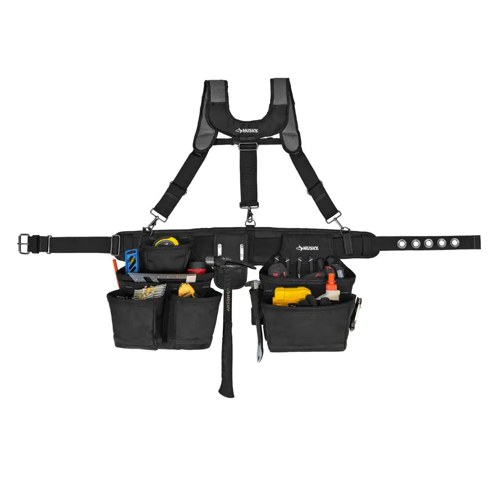 16-Pocket Black Carpenter'S Tool Belt with Suspenders