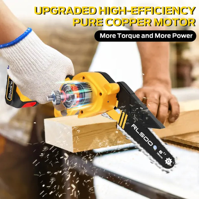 Pro Smart Mini Chainsaw 6 Inch Cordless Electric, Portable Handheld Small Chainsaw for Tree Trimming and Wood Cutting - Includes 2 Batteries and 3 Chains