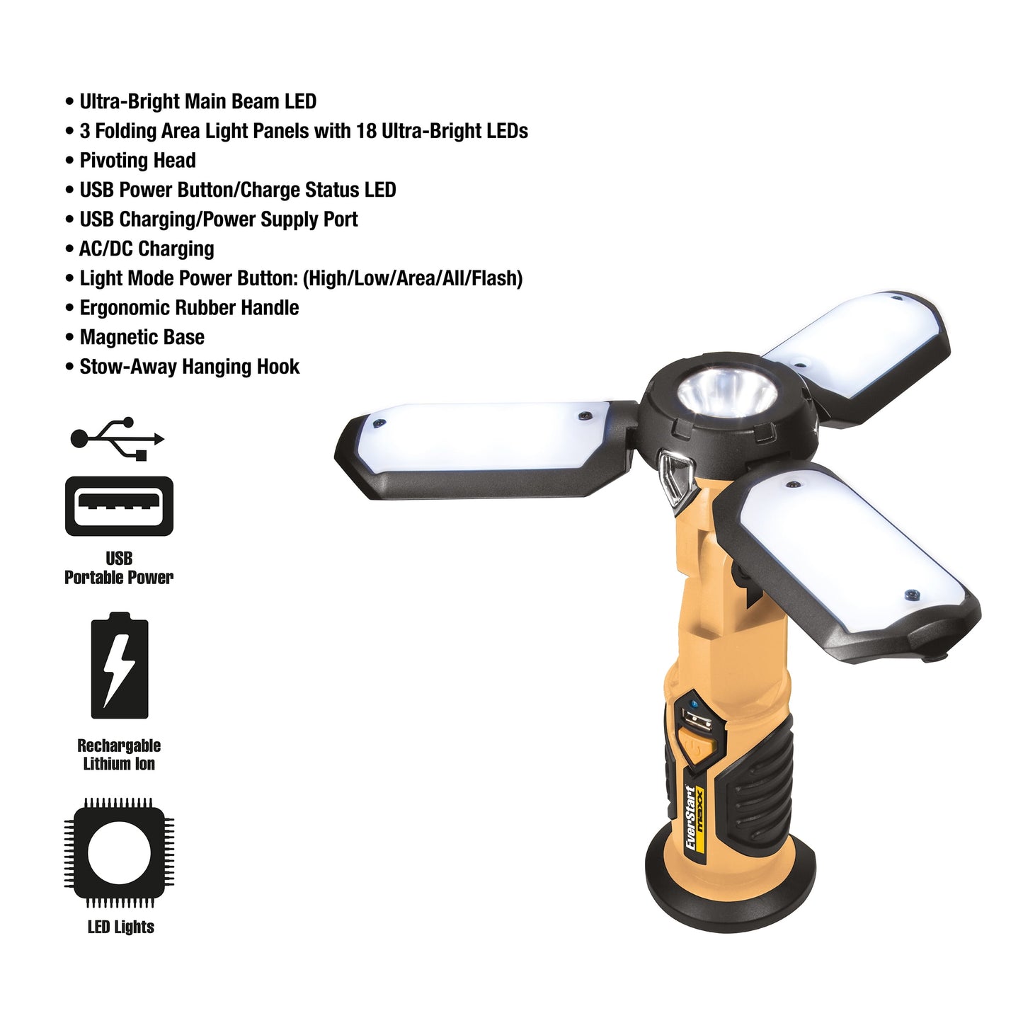 Maxx SAT3E 600 Lumen LED Work Light with Home/Car Chargers, USB Power