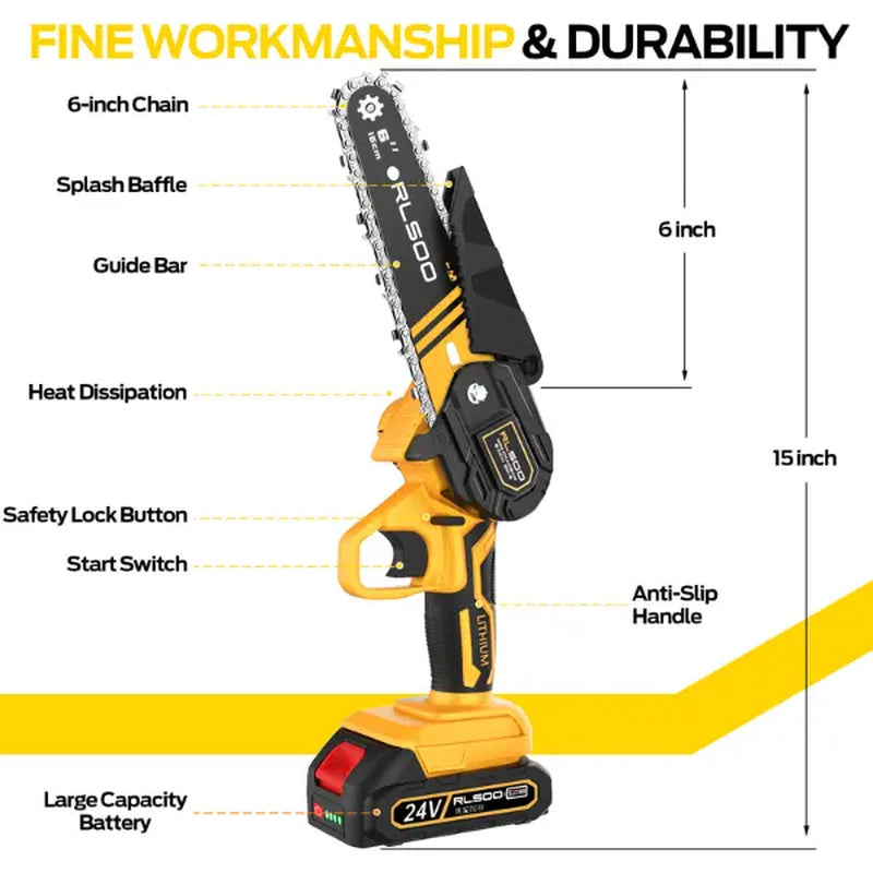 Pro Smart Mini Chainsaw 6 Inch Cordless Electric, Portable Handheld Small Chainsaw for Tree Trimming and Wood Cutting - Includes 2 Batteries and 3 Chains