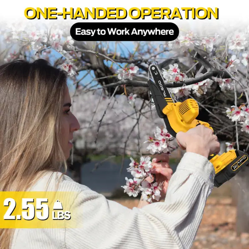 Pro Smart Mini Chainsaw 6 Inch Cordless Electric, Portable Handheld Small Chainsaw for Tree Trimming and Wood Cutting - Includes 2 Batteries and 3 Chains