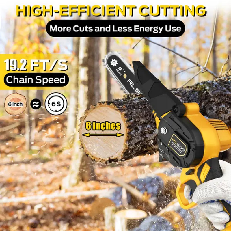 Pro Smart Mini Chainsaw 6 Inch Cordless Electric, Portable Handheld Small Chainsaw for Tree Trimming and Wood Cutting - Includes 2 Batteries and 3 Chains
