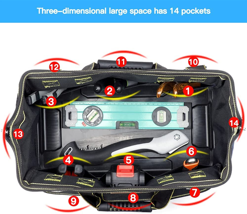 16 Inch Tool Bag,Wide Mouthtool Bag with ABS Hard Molded Base,Waterproof Tool Bags with Adjustable Shoulder Strap,Suitable for Electricians,Carpenters,Plumbers,Car Mechanics,Homeowners.