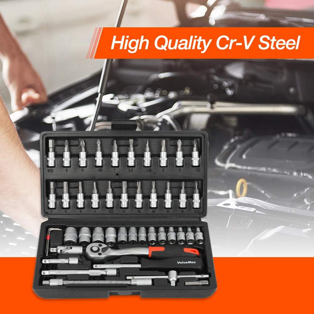 Valuemax 46Pcs Car Repair Tool Set Mechanic Tool Kits Screwdrivers Ratchet Spanner Wrenches Sockets