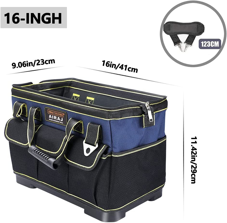 16 Inch Tool Bag,Wide Mouthtool Bag with ABS Hard Molded Base,Waterproof Tool Bags with Adjustable Shoulder Strap,Suitable for Electricians,Carpenters,Plumbers,Car Mechanics,Homeowners.
