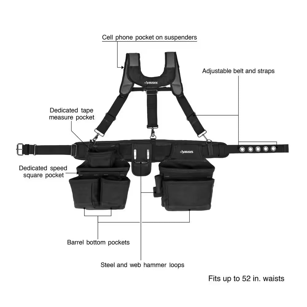 16-Pocket Black Carpenter'S Tool Belt with Suspenders