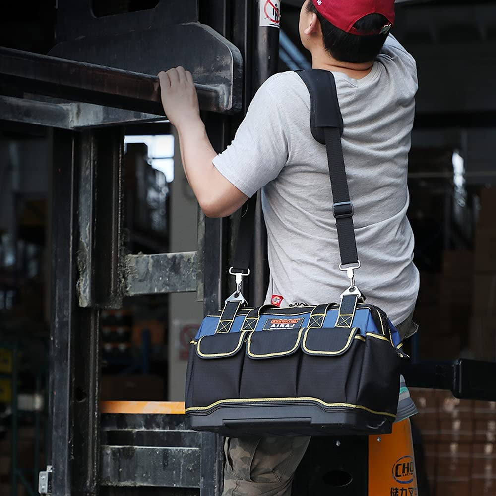 16 Inch Tool Bag,Wide Mouthtool Bag with ABS Hard Molded Base,Waterproof Tool Bags with Adjustable Shoulder Strap,Suitable for Electricians,Carpenters,Plumbers,Car Mechanics,Homeowners.