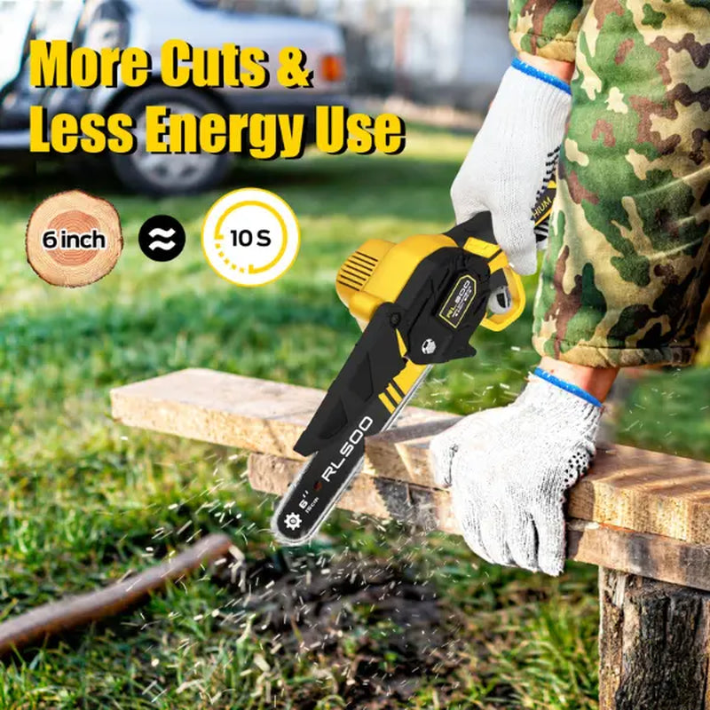 Pro Smart Mini Chainsaw 6 Inch Cordless Electric, Portable Handheld Small Chainsaw for Tree Trimming and Wood Cutting - Includes 2 Batteries and 3 Chains