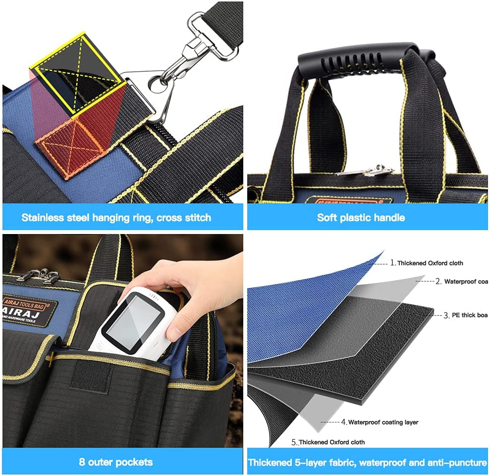 16 Inch Tool Bag,Wide Mouthtool Bag with ABS Hard Molded Base,Waterproof Tool Bags with Adjustable Shoulder Strap,Suitable for Electricians,Carpenters,Plumbers,Car Mechanics,Homeowners.