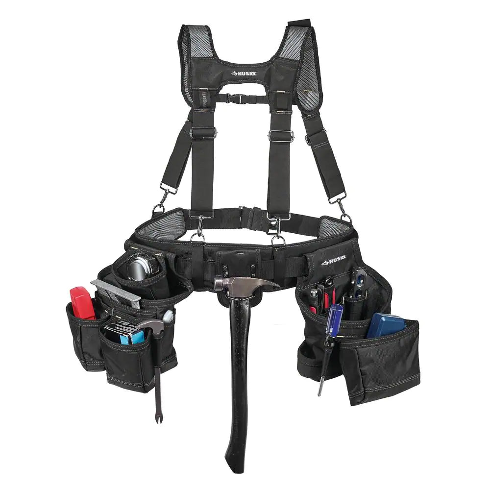 16-Pocket Black Carpenter'S Tool Belt with Suspenders