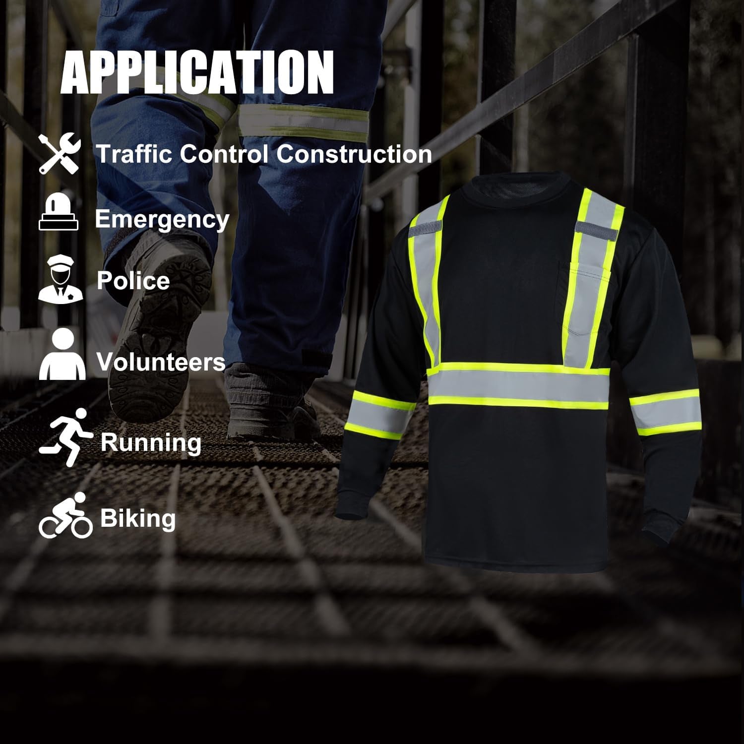 Hi Vis Shirts for Men Reflective ANSI Class 2 Safety Long Sleeve High Visibility Work Construction T Shirts Black