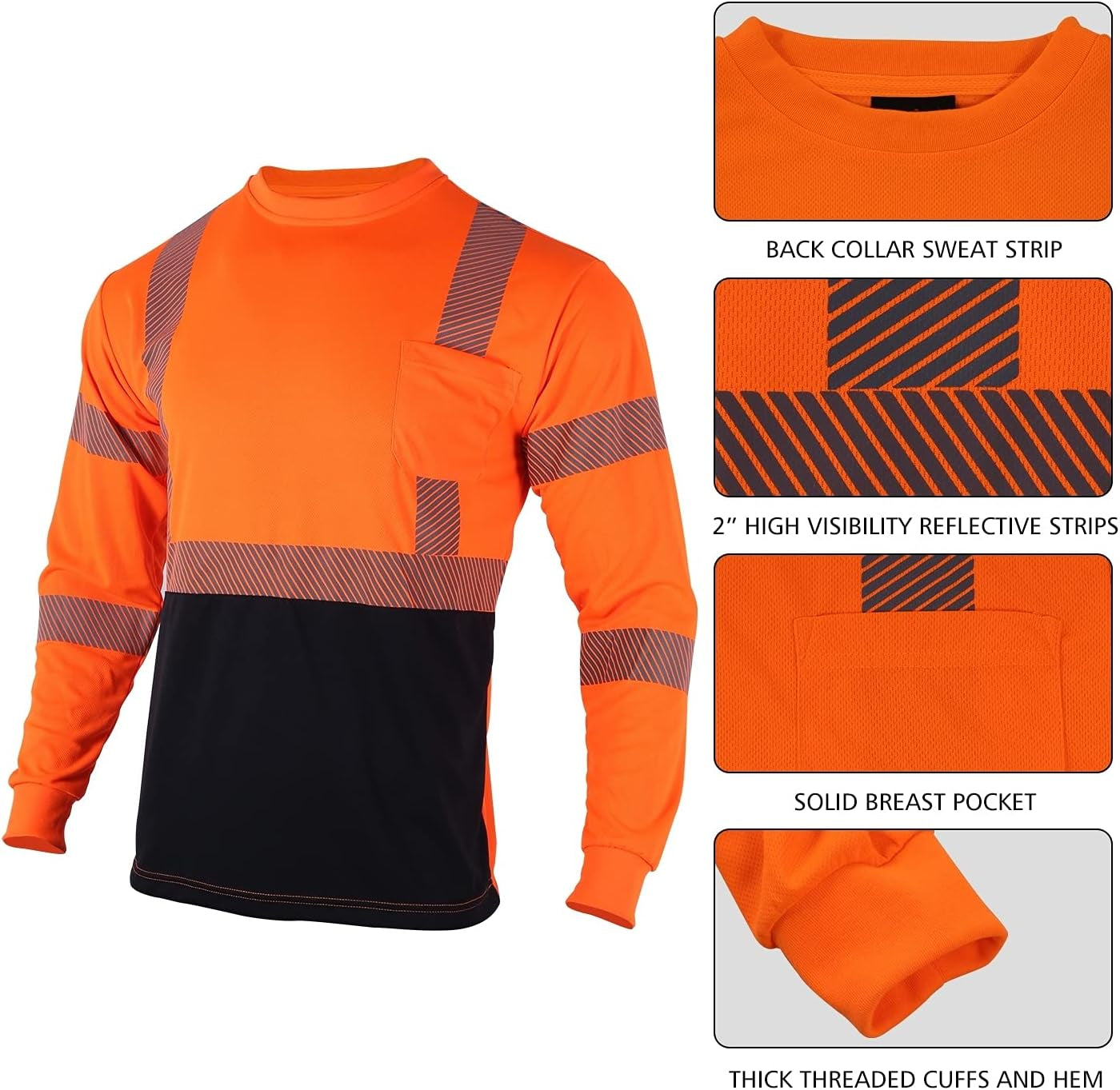 Safety Reflective High Visibility Long Sleeve Shirts ANSI Class 3 Hi Vis Construction Work T Shirts for Men