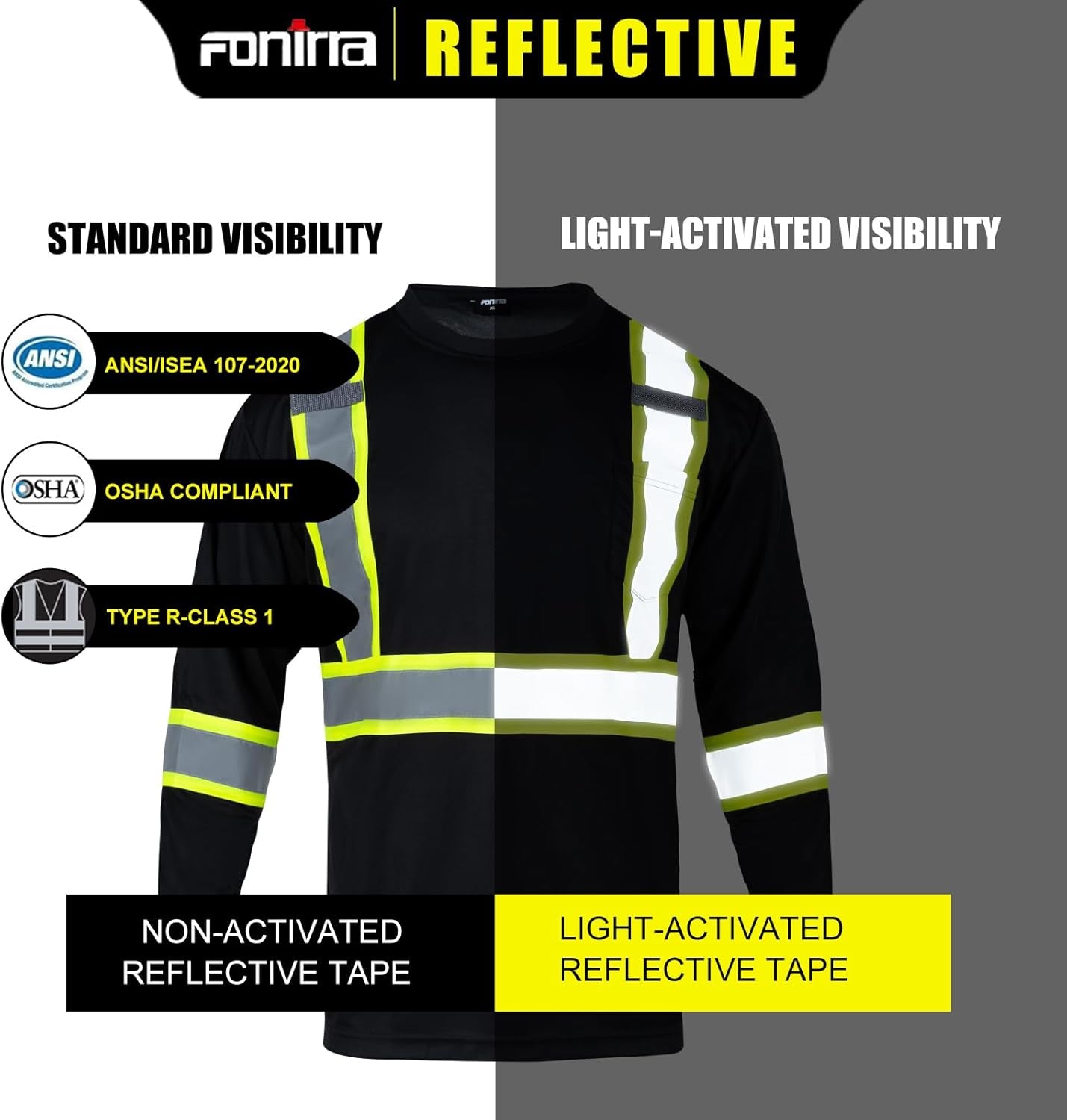 Long Sleeve Safety T Shirt Reflective High Visibility Construction Work Shirts ANSI Class 3 for Men