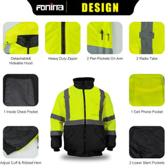 High Visibility Safety Bomber Jackets with Fleece Liner,Ansi Class 2 Reflective Waterproof Jacket for Men