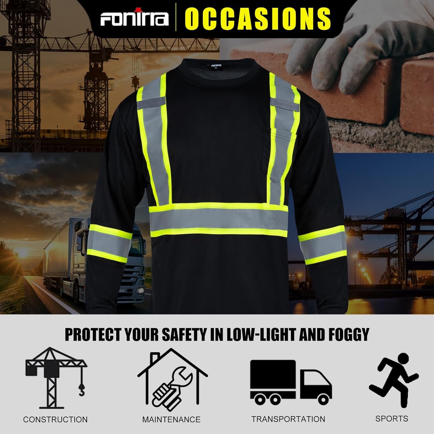 Long Sleeve Safety T Shirt Reflective High Visibility Construction Work Shirts ANSI Class 3 for Men