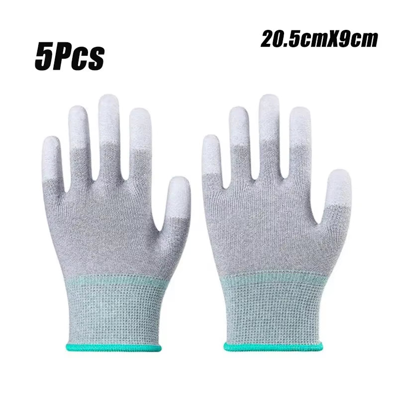 5PCS Antistatic Coated Labour Gloves Nylon Carbon Fibre Coated Fingers Touch Screen PU Gloves Wear Resistant Dustproof Workshop