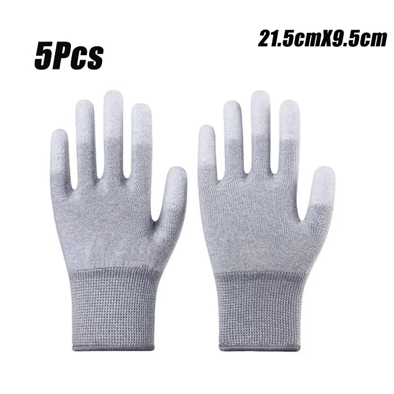 5PCS Antistatic Coated Labour Gloves Nylon Carbon Fibre Coated Fingers Touch Screen PU Gloves Wear Resistant Dustproof Workshop