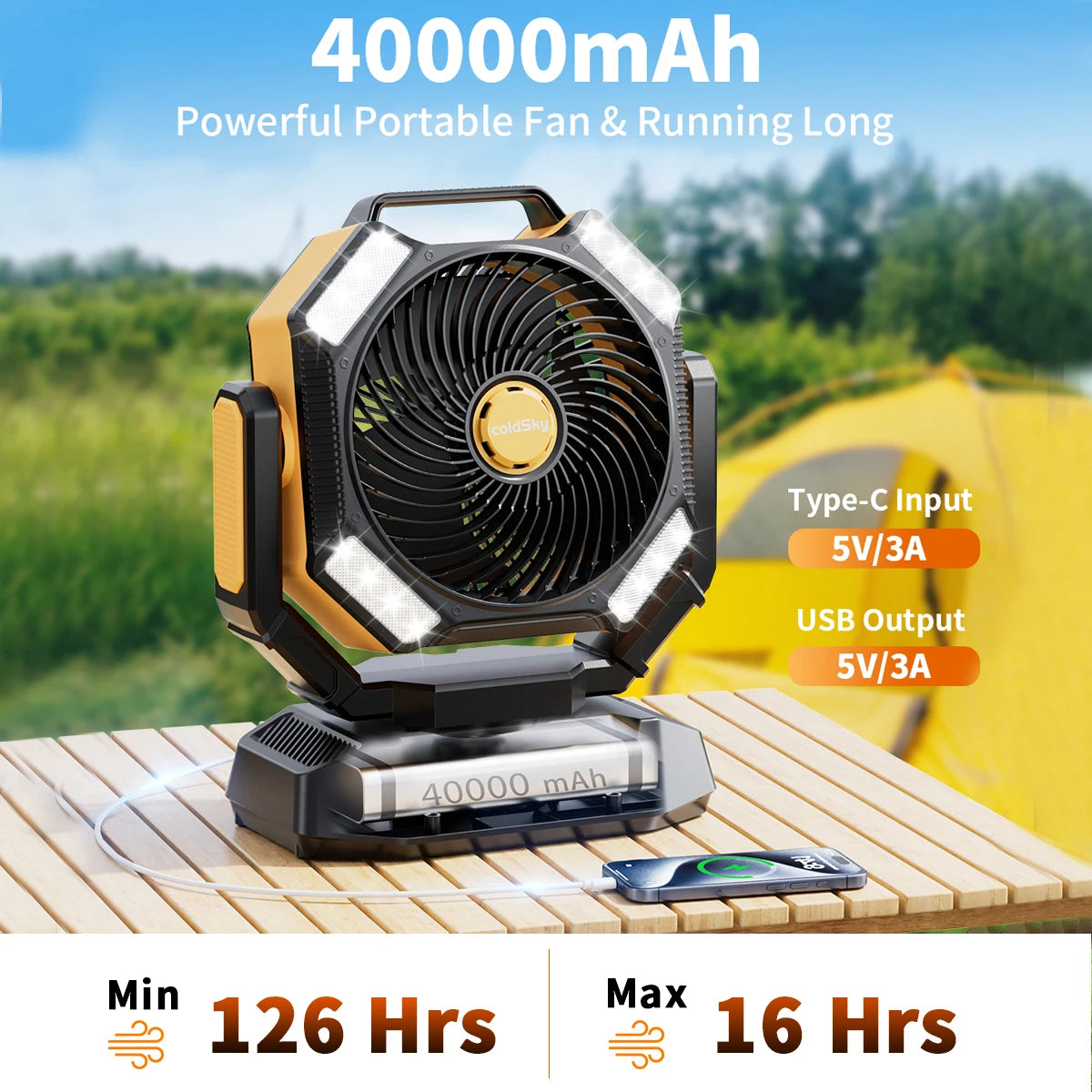 40000Mah Battery Operated Fan Portable Camping Fan with 4 LED Lantern 8 Speeds Desk Fan Remote Portable Rechargeable Outdoor Fan
