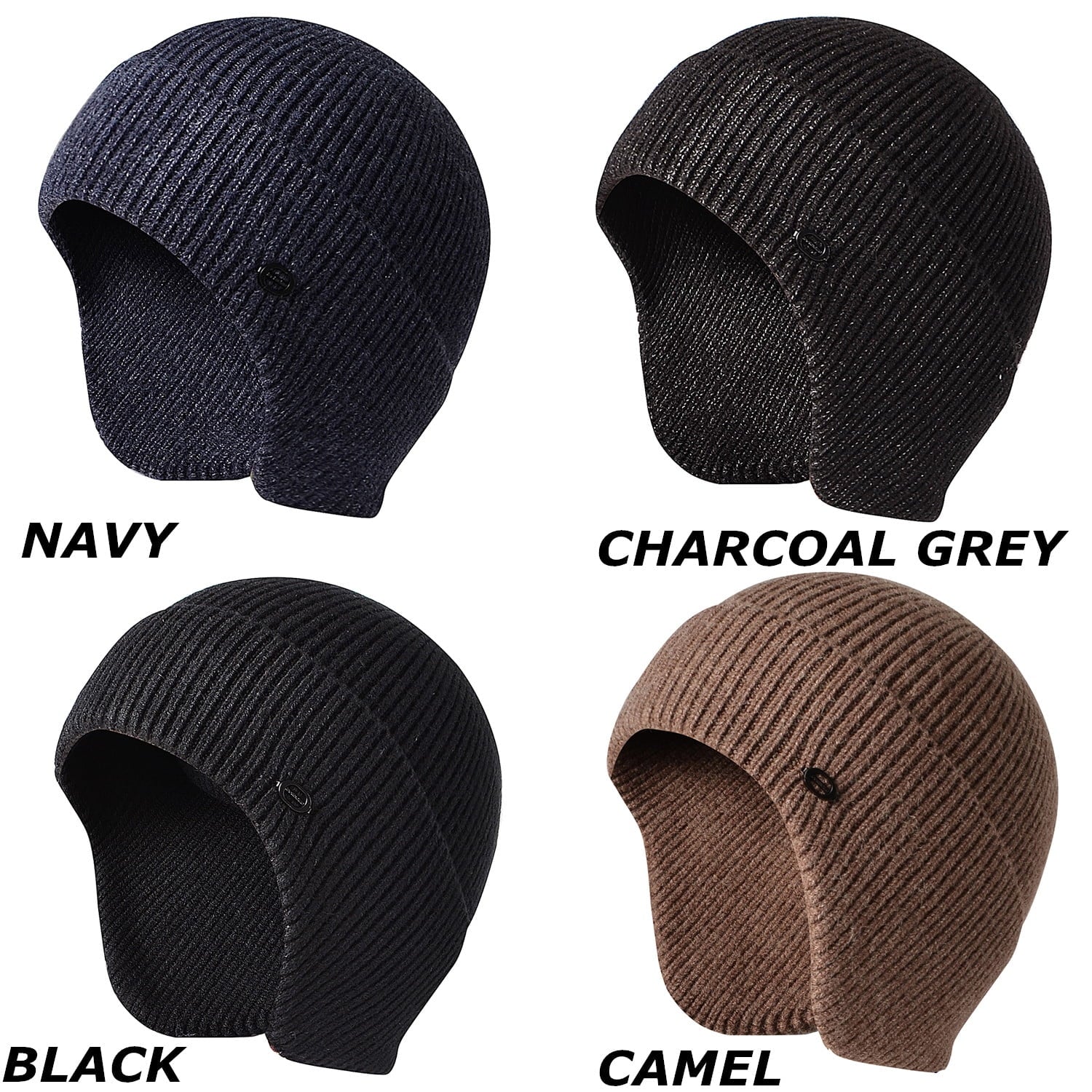 Men Women Knit Hat Winter Warm Stretch Beanie Ear Flaps Cap Outdoor Work Ski (Navy)
