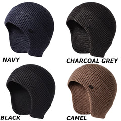 Men Women Knit Hat Winter Warm Stretch Beanie Ear Flaps Cap Outdoor Work Ski (Navy)