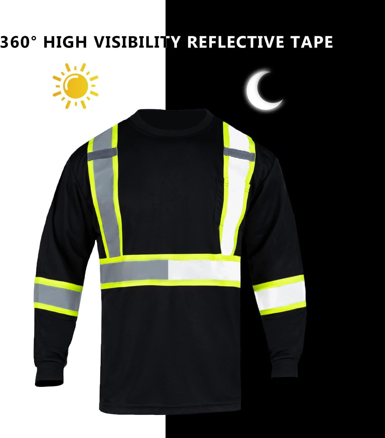 Hi Vis Shirts for Men Reflective ANSI Class 2 Safety Long Sleeve High Visibility Work Construction T Shirts Black