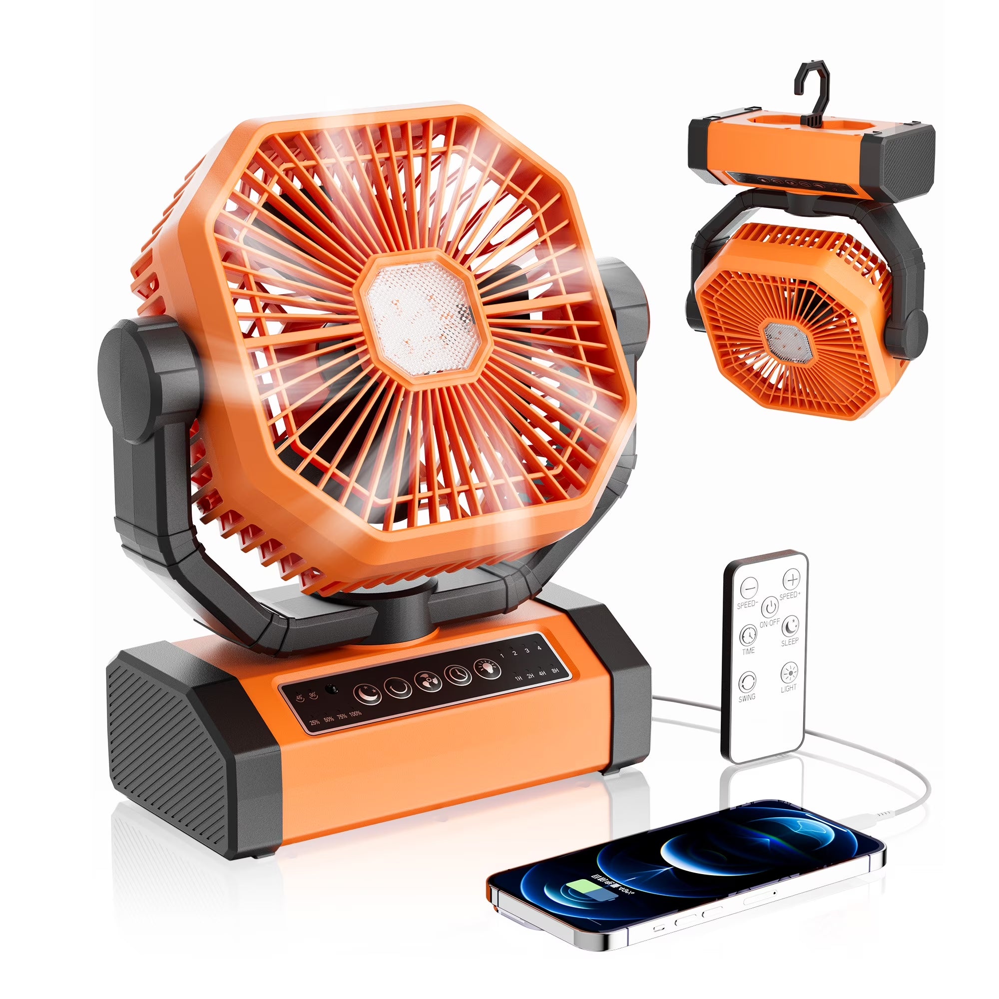 Portable Cordless Fan 20000Mah Rechargeable Battery Powered Ventilator W/ LED Lantern, Remote, Hook, Timer, 270° Pivot 90° Oscillating 4 Speed Brushless Motor, Outdoor Jobsite Garage Patio Fan