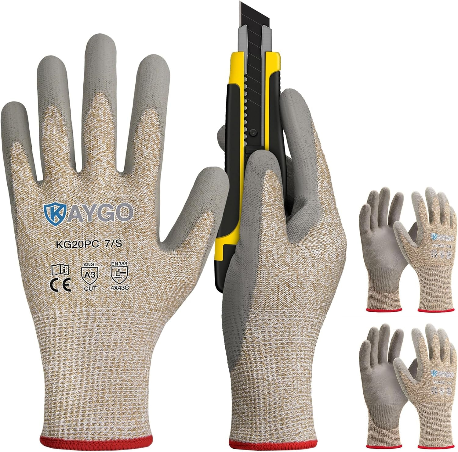 Cut Resistant Gloves Polyurethane Coated - 3 Pairs, KG20PC,ANSI Cut Level A3