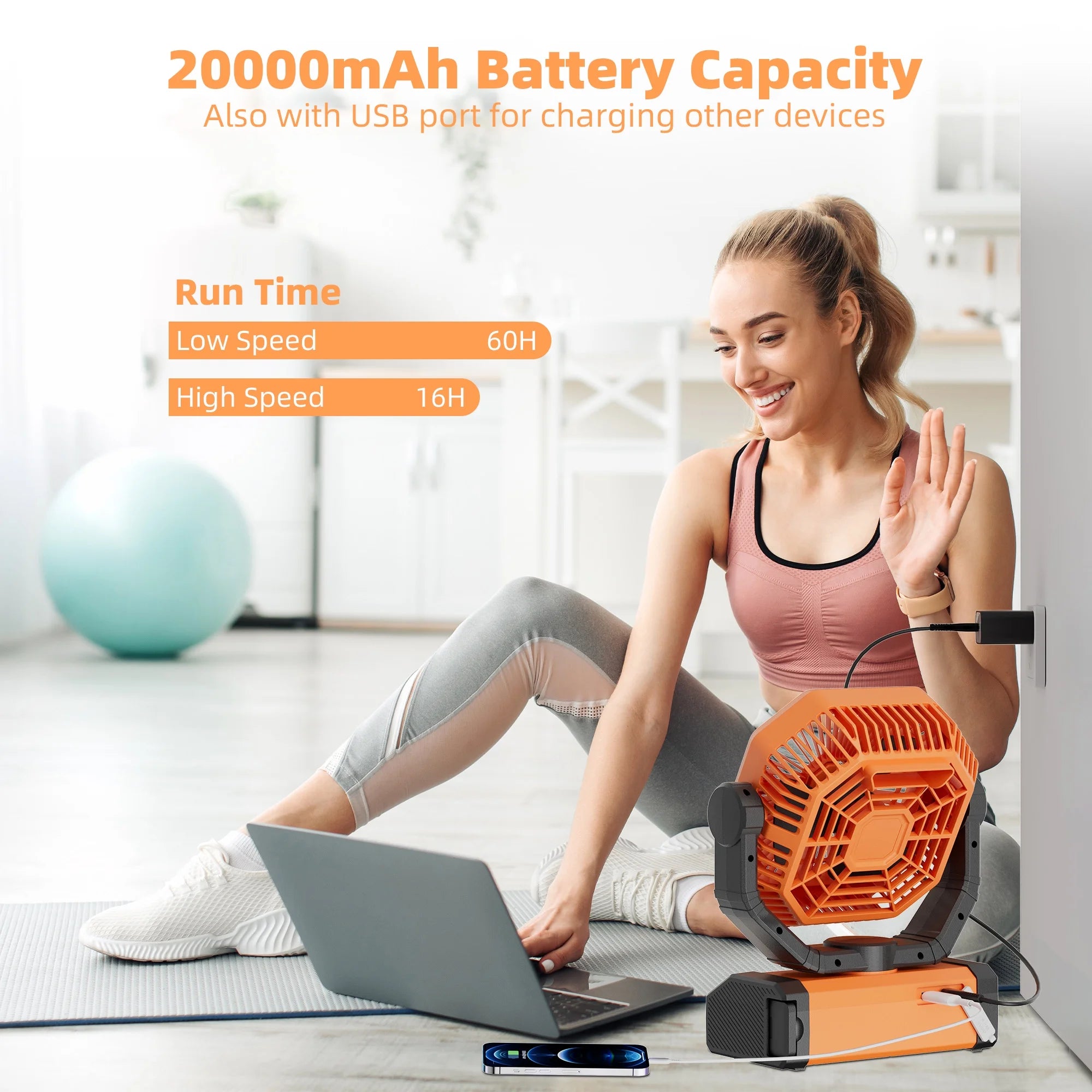 Portable Cordless Fan 20000Mah Rechargeable Battery Powered Ventilator W/ LED Lantern, Remote, Hook, Timer, 270° Pivot 90° Oscillating 4 Speed Brushless Motor, Outdoor Jobsite Garage Patio Fan