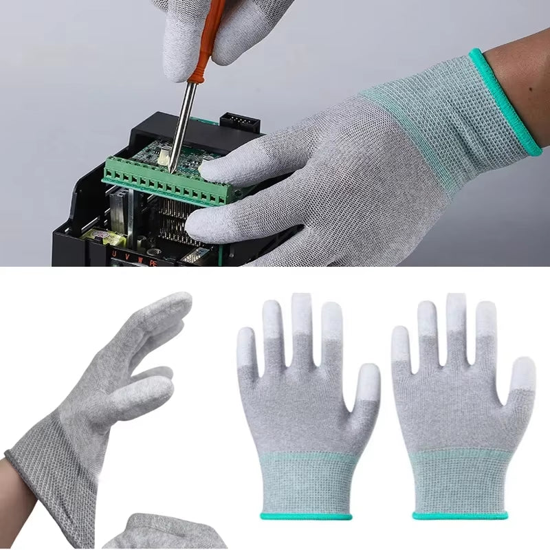 5PCS Antistatic Coated Labour Gloves Nylon Carbon Fibre Coated Fingers Touch Screen PU Gloves Wear Resistant Dustproof Workshop
