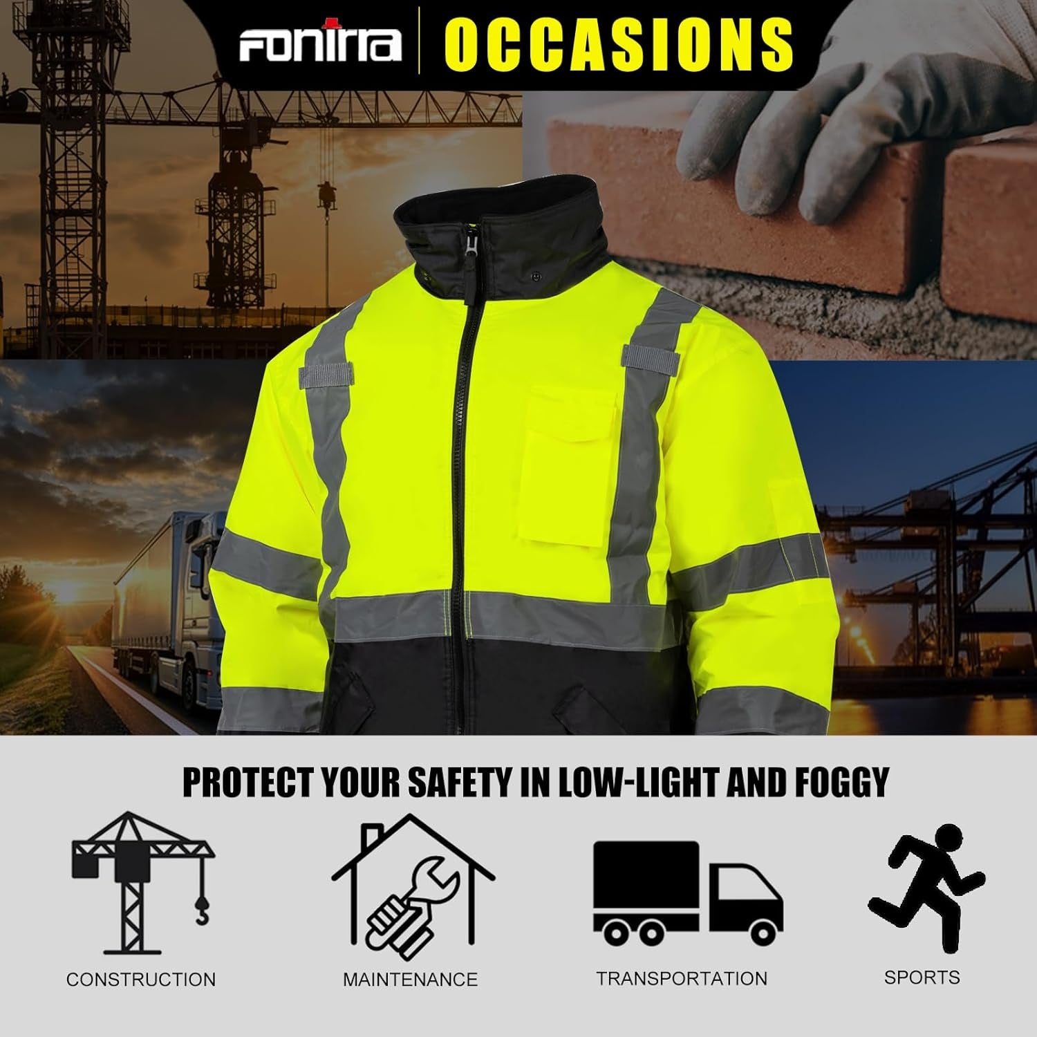 High Visibility Safety Bomber Jackets with Fleece Liner,Ansi Class 2 Reflective Waterproof Jacket for Men