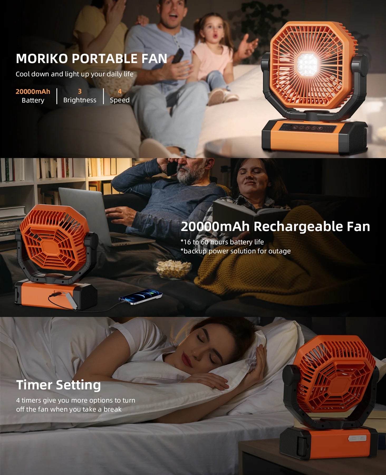 Portable Cordless Fan 20000Mah Rechargeable Battery Powered Ventilator W/ LED Lantern, Remote, Hook, Timer, 270° Pivot 90° Oscillating 4 Speed Brushless Motor, Outdoor Jobsite Garage Patio Fan