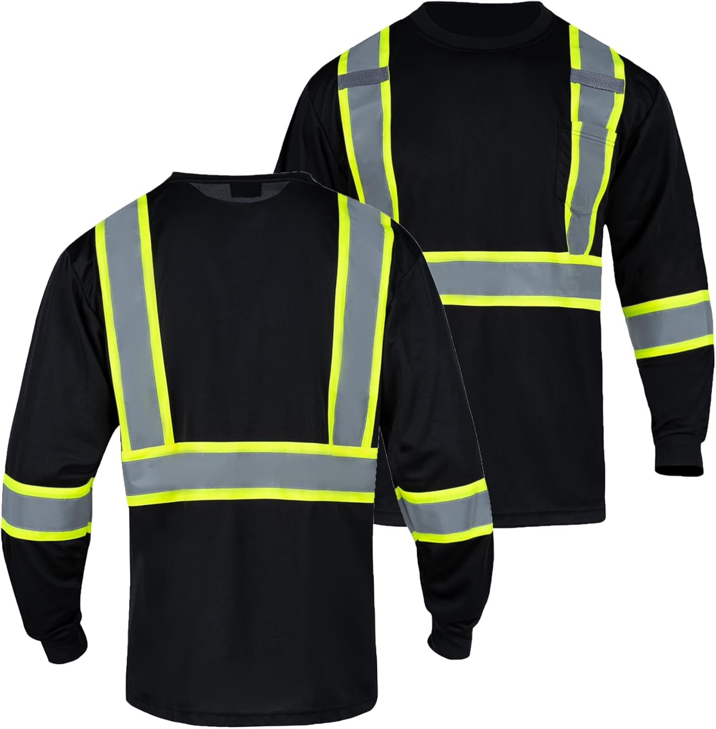 Hi Vis Shirts for Men Reflective ANSI Class 2 Safety Long Sleeve High Visibility Work Construction T Shirts Black