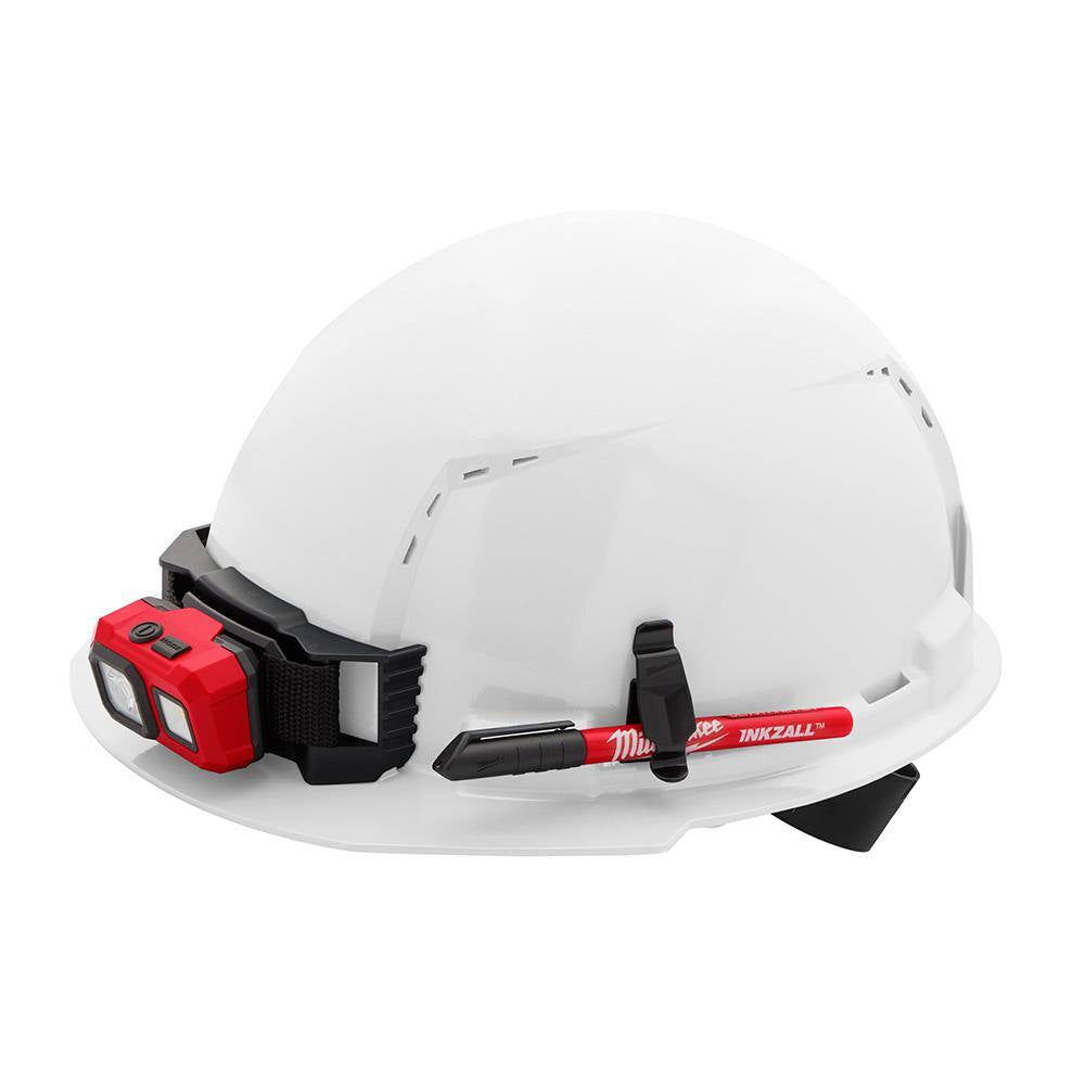 BOLT White Type 1 Class C Front Brim Vented Hard Hat W/4 Point Ratcheting Suspension W/600 Lumens Rechargeable Headlamp