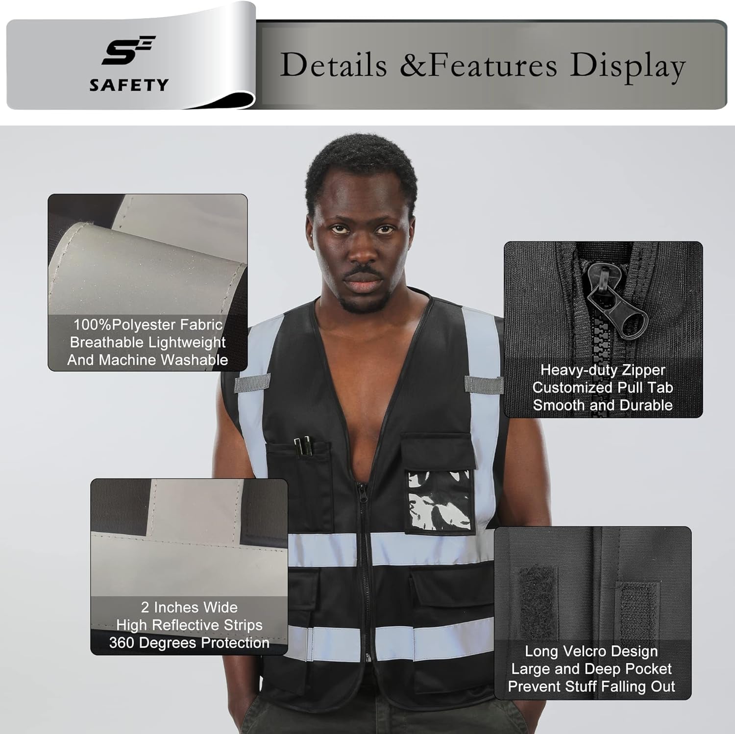 Safety Vest with 9 Pockets, High Visibility Reflective Vests, Security Vest, Work Vest for Men, ANSI/ISEA Class 2 Type R