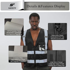 Safety Vest with 9 Pockets, High Visibility Reflective Vests, Security Vest, Work Vest for Men, ANSI/ISEA Class 2 Type R