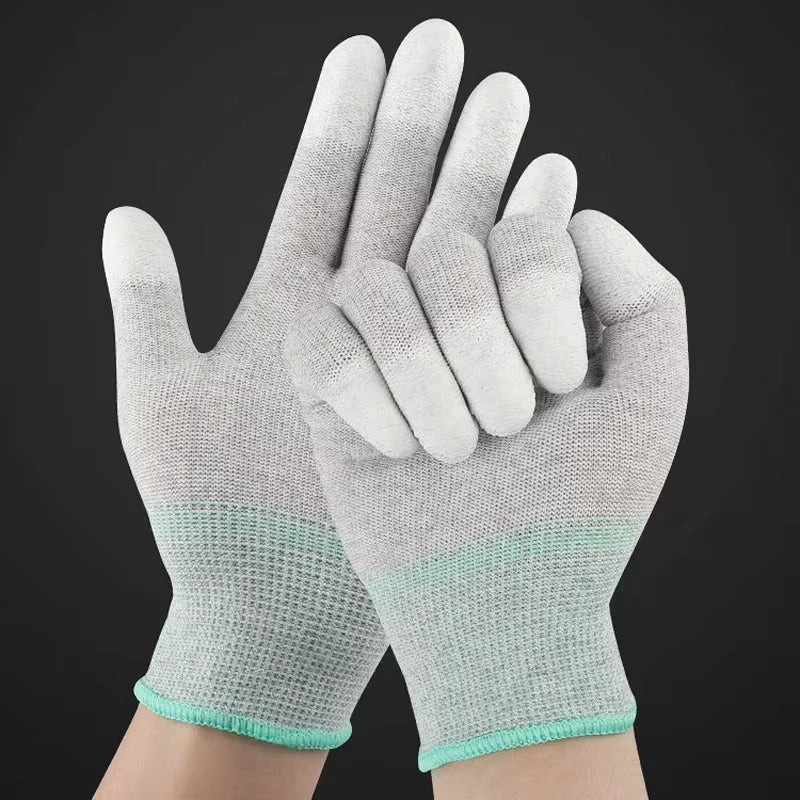 5PCS Antistatic Coated Labour Gloves Nylon Carbon Fibre Coated Fingers Touch Screen PU Gloves Wear Resistant Dustproof Workshop