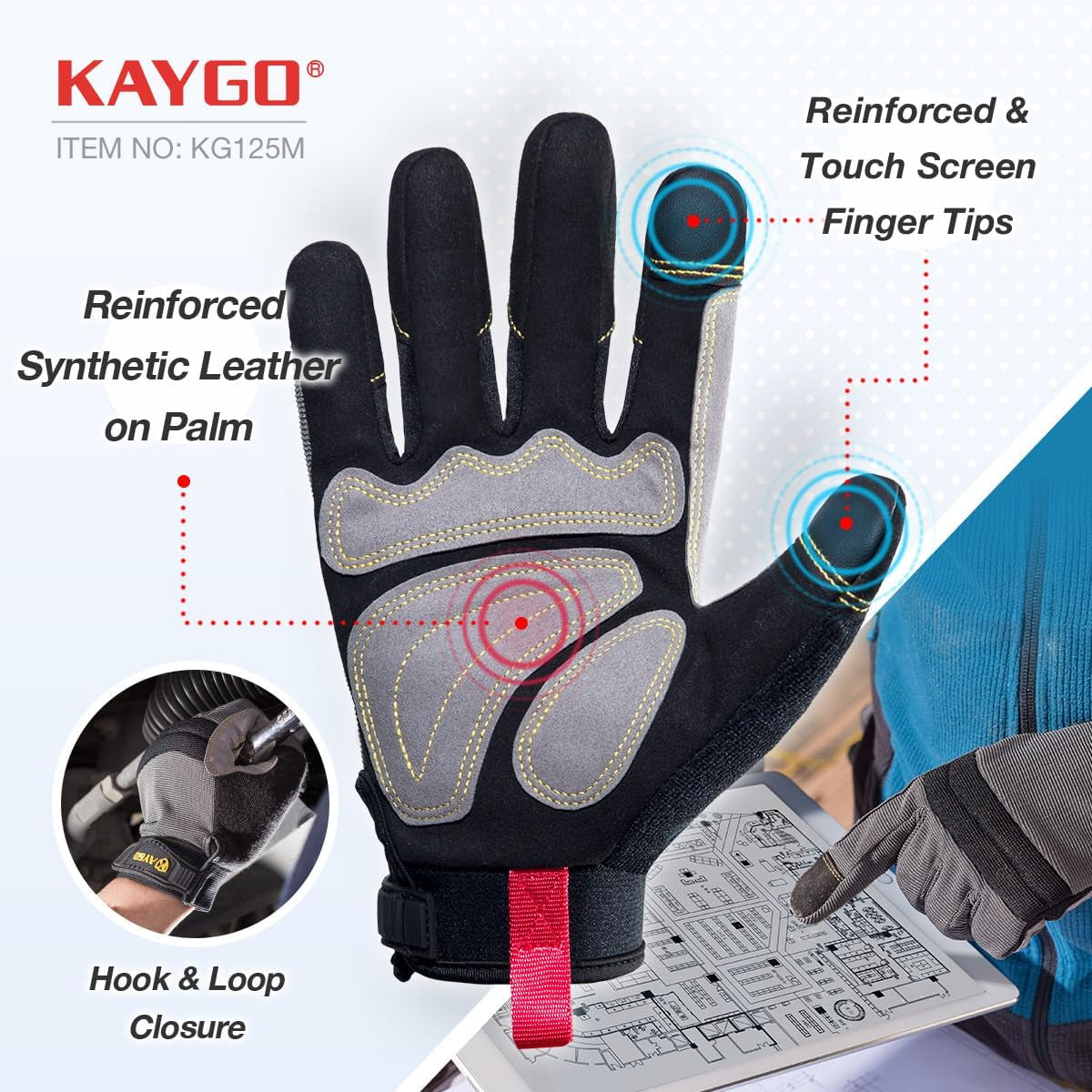 KAYGO Work Gloves for Men, KG125M Mechanic Utility Work Gloves for All Purpose,