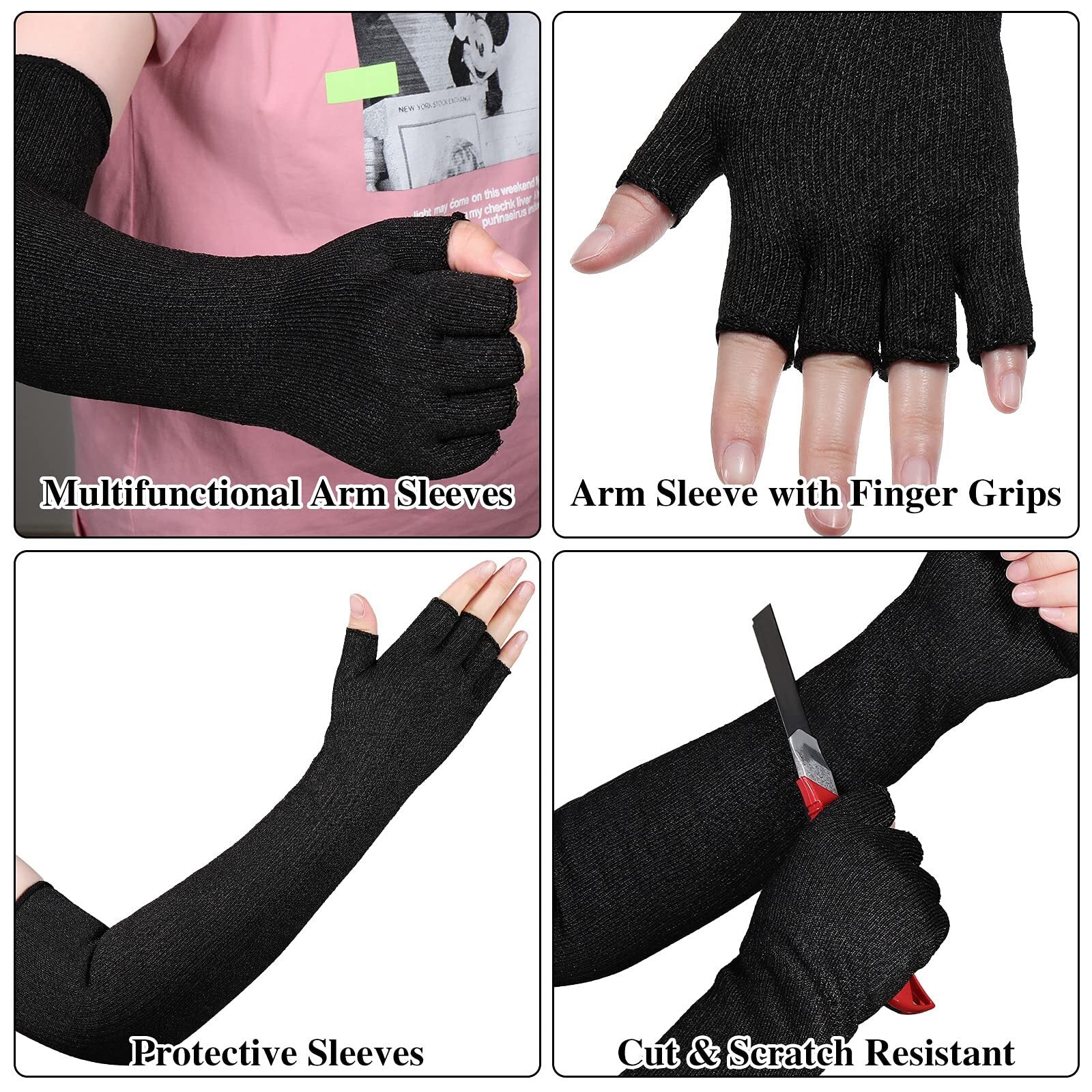 2 Pairs Cut Resistant Elastic Arm Sleeves Level 5 Protection with Fingers Cut