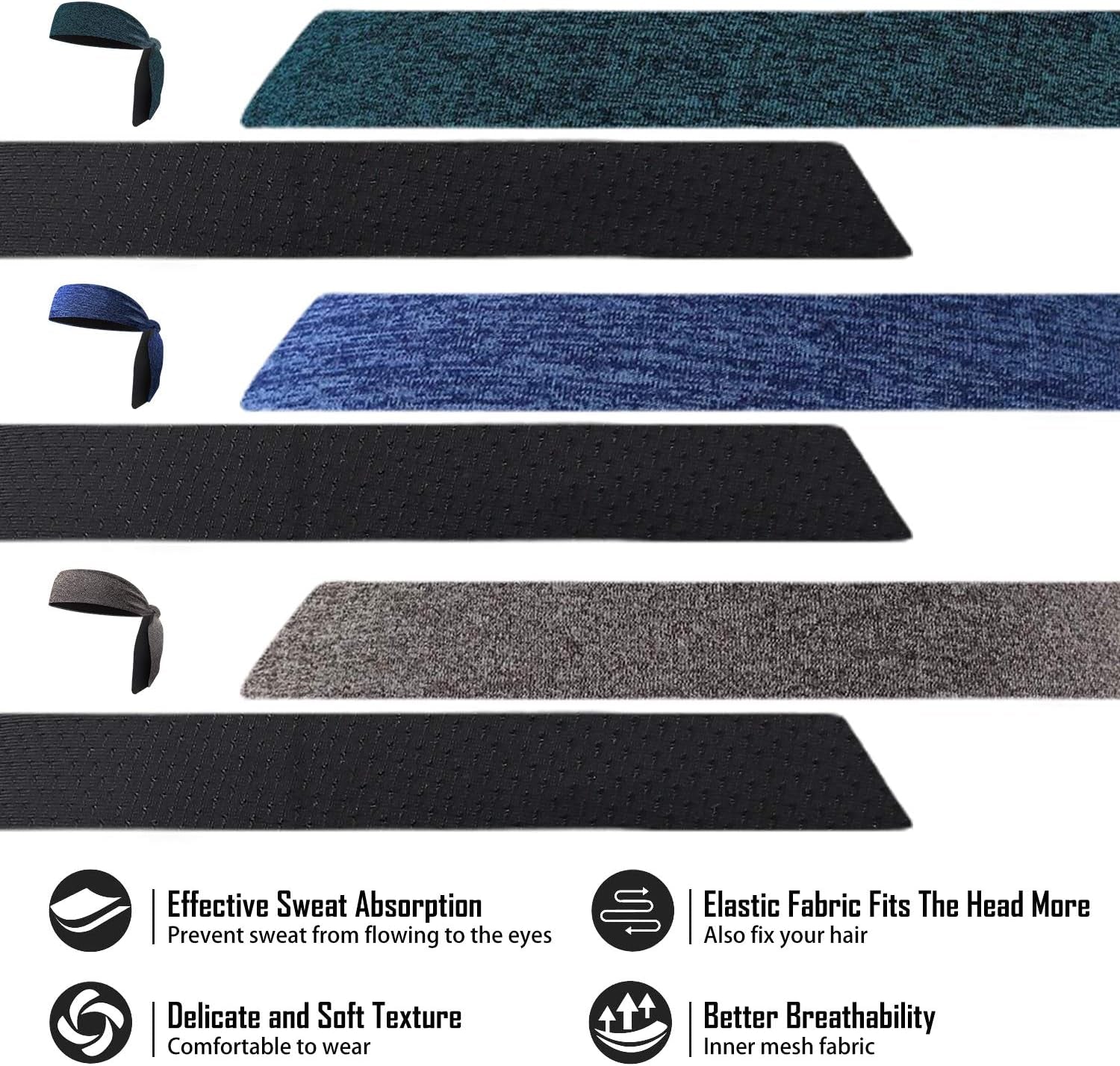 Men'S Headbands, 3-Pack Head Ties, Non Slip Sweat-Wicking Headbands for Running, Tennis, Hairband for Women & Men