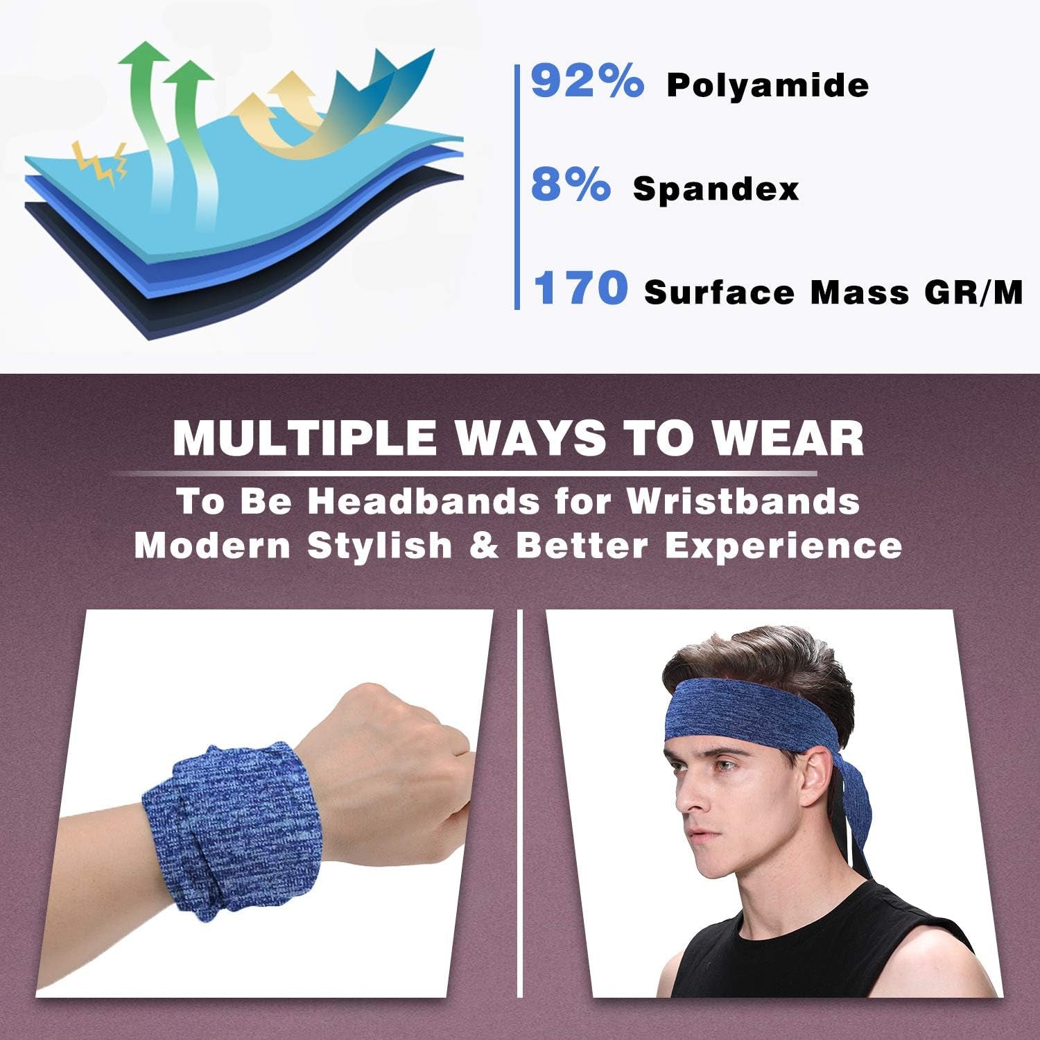 Headbands for Men, 3-Pack Men'S Head-Ties, Breathable Headbands for Tennis, Running, Sweat-Wicking Non Slip