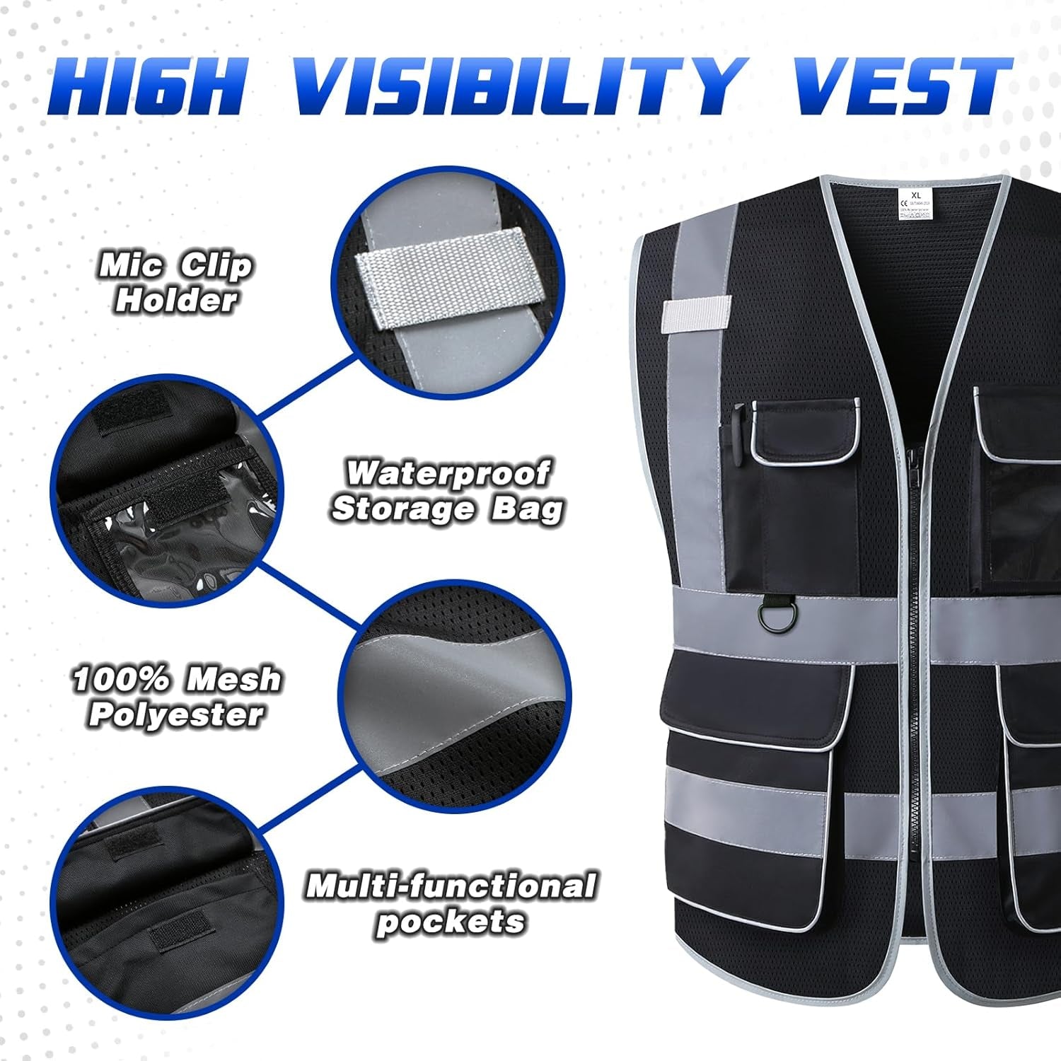 Reflective Mesh Safety Vest - High Visibility Multi Pockets Breathable Workwear, ANSI/ISEA Standard
