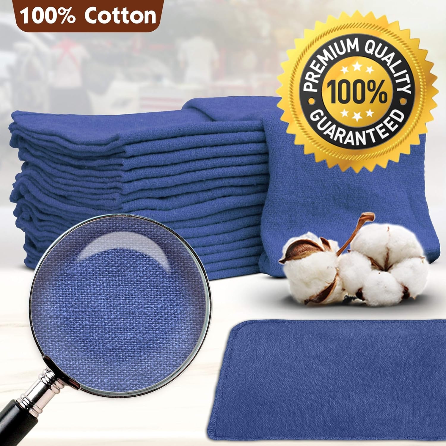 Auto Mechanic Shop Towels 100 Pack Bulk Rags 100% Cotton Commercial Grade Shop Rags Size 14"X14" (100 Pack, Blue)