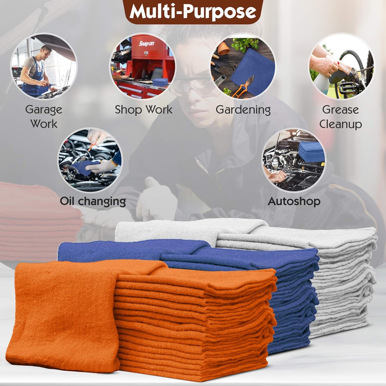 Auto Mechanic Shop Towels 100 Pack Bulk Rags 100% Cotton Commercial Grade Shop Rags Size 14"X14" (100 Pack, Blue)
