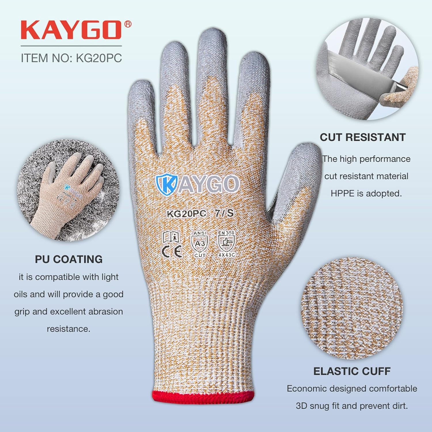 Cut Resistant Gloves Polyurethane Coated - 3 Pairs, KG20PC,ANSI Cut Level A3