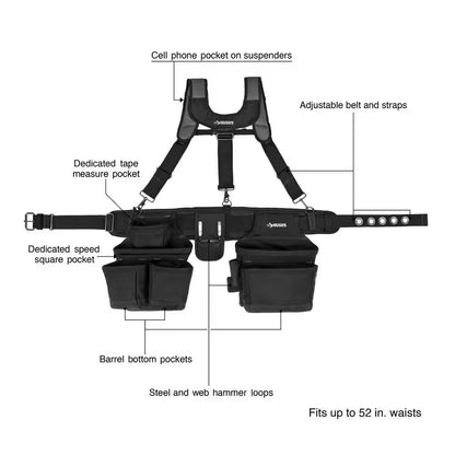 16-Pocket Black Carpenter'S Tool Belt with Suspenders