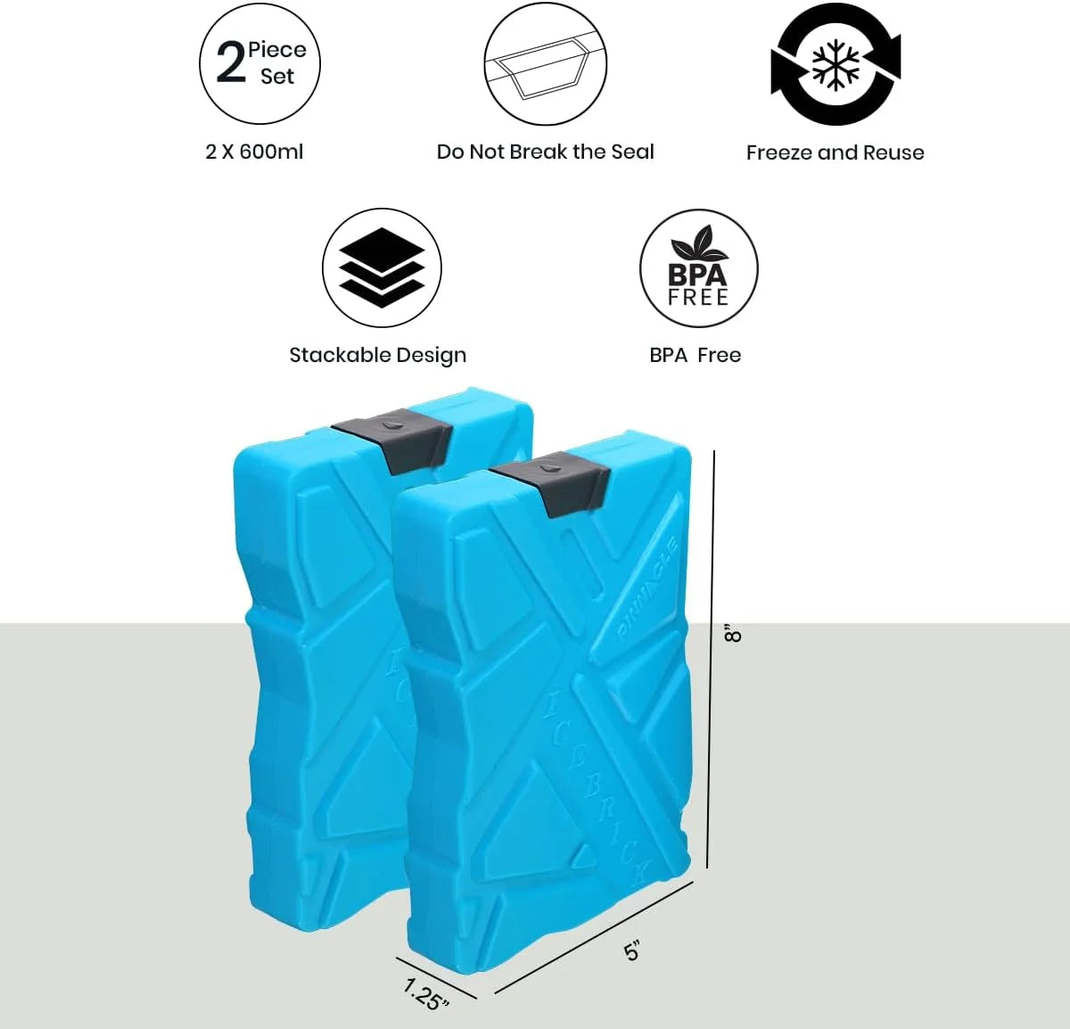 Pinnacle Ice Blocks for Cooler Set of 2 – Multipurpose Ice Packs for Coolers Long Lasting Reusable Refreezable –No Leak Lunch Box Ice Pack – Non BPA Food Safe Freezer Packs for Coolers - 20 Oz.