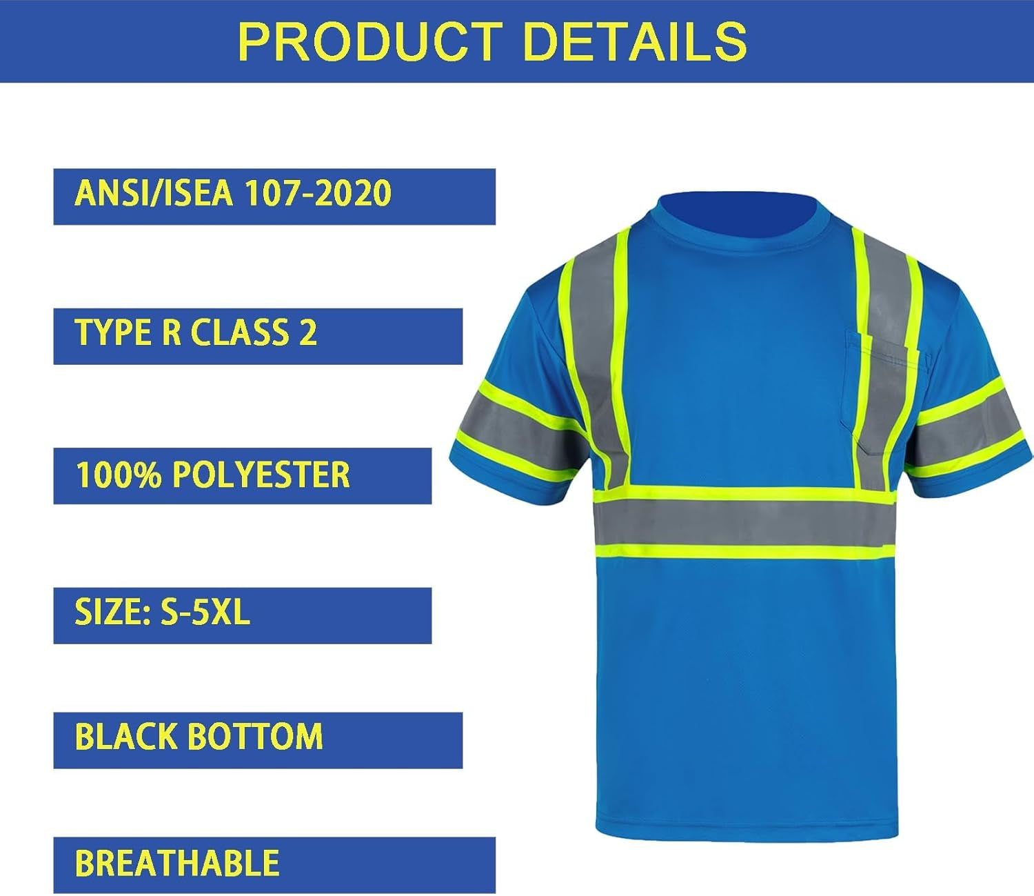 Safety Shirts for Men Hi Vis Short Sleeve Reflective ANSI Class 2 High Visibility Safety Work T Shirts