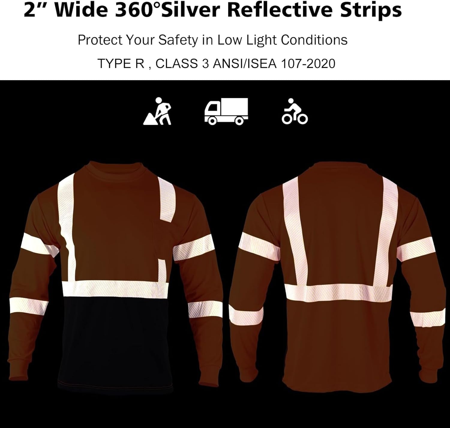 Safety Reflective High Visibility Long Sleeve Shirts ANSI Class 3 Hi Vis Construction Work T Shirts for Men