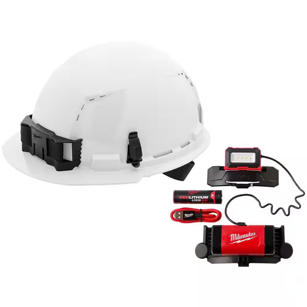 BOLT White Type 1 Class C Front Brim Vented Hard Hat W/4 Point Ratcheting Suspension W/600 Lumens Rechargeable Headlamp